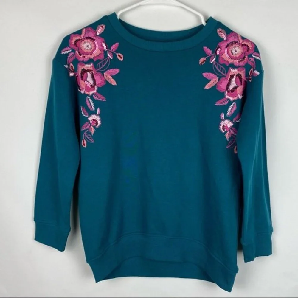 Gymboree Sweater Girls Size M (7-8) 6-8 Yrs Green Embroidered Floral Pullover